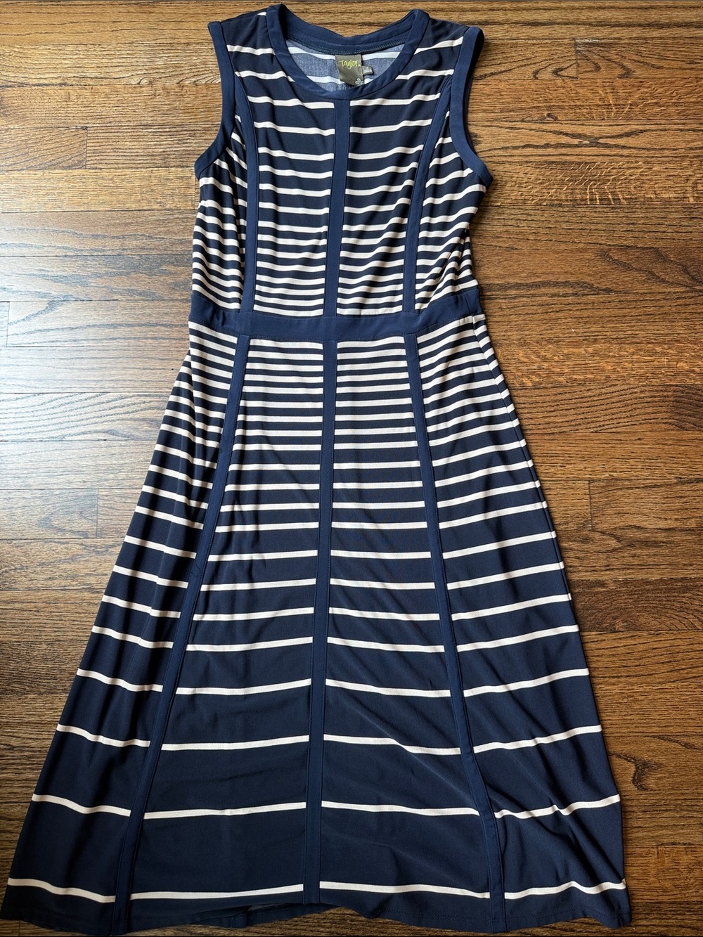 Taylor Navy and Cream Striped Sleeveless Midi Dress with Panel Seams
